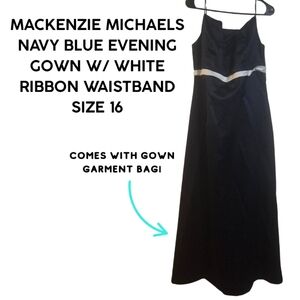 Mackenzie Michaels Navy Blue Evening Gown w/ White Ribbon Waistband Size 16